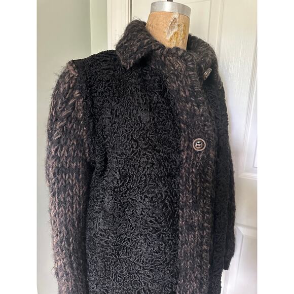 Vintage Persian lamb cable knit sleeves wool jacket coat vest black woman SZ L - Picture 4 of 16